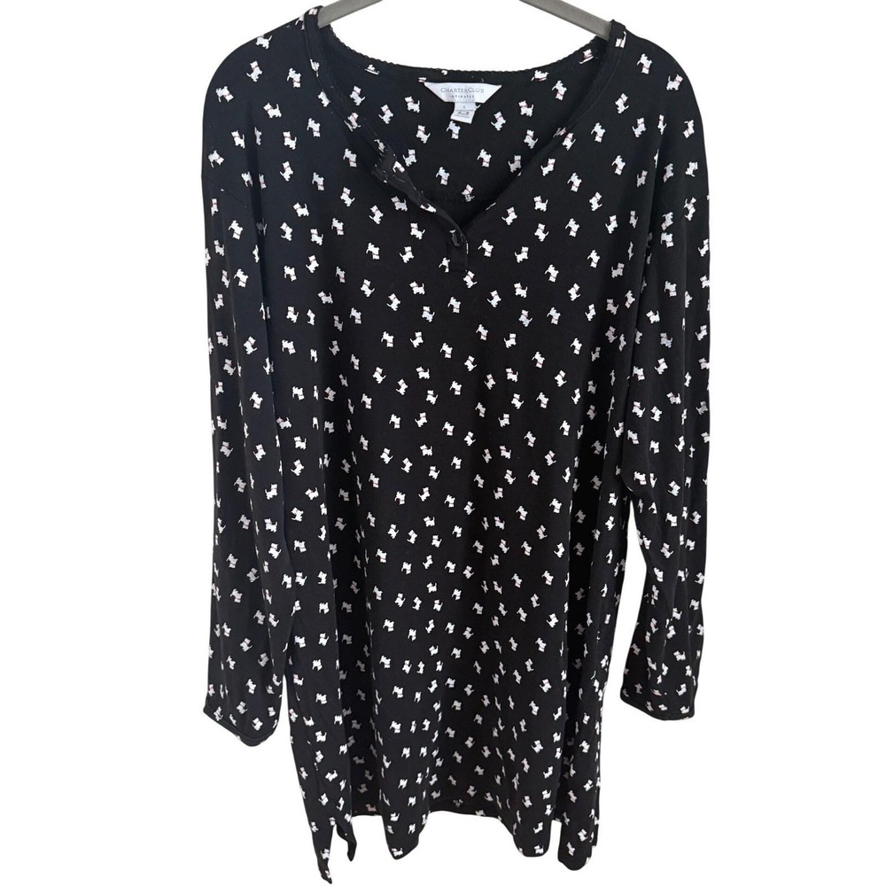 Charter Club 100% Cotton Scottie Dog Sleep Shirt Black White Henley Large - Picture 3 of 6